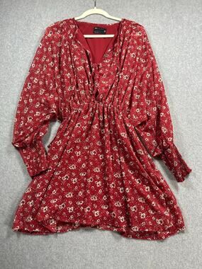 Asos Aboodi Dress Size 6 Red Floral Tie Split Neck Wide Crossover Casual Party